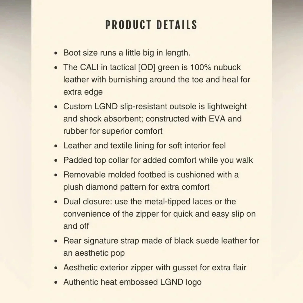 LGND Footwear The CALI Boot in Olive Green Size 10 - Picture 11 of 11